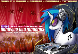 Size: 1200x825 | Tagged: safe, artist:johnjoseco, dj pon-3, vinyl scratch, pony, unicorn, g4, crowd, female, headphones, mare, photoshop, poster, solo focus, text