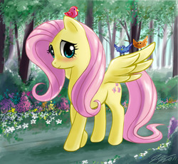 Size: 1100x1012 | Tagged: safe, artist:johnjoseco, fluttershy, bird, pegasus, pony, g4, blushing, cute, female, forest, mare, photoshop, solo