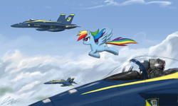 Size: 1500x901 | Tagged: safe, artist:johnjoseco, rainbow dash, human, pegasus, pony, g4, aircraft, blue angels, female, flying, jet, mare, photoshop, solo
