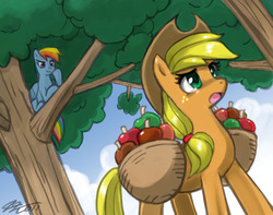 Size: 1020x805 | Tagged: safe, artist:johnjoseco, applejack, rainbow dash, earth pony, pegasus, pony, g4, apple, applejack's hat, basket, cowboy hat, female, folded wings, food, hat, in a tree, mare, open mouth, photoshop, signature, tree, wings
