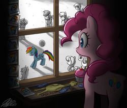 Size: 1200x1016 | Tagged: safe, artist:johnjoseco, derpy hooves, pinkie pie, rainbow dash, earth pony, pegasus, pony, unicorn, g4, background pony, ball, colored pupils, creepy, cupcake, dark, darkness, feather, female, folded wings, indoors, lesbian, looking out the window, mare, obsession, open mouth, open smile, outdoors, photo, photoshop, rubber chicken, shadow, ship:pinkiedash, shipping, shrine, smiling, so awesome, stalker, stalker shrine, sugarcube corner, window, wings, yandere, yandere pie