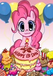 Size: 780x1101 | Tagged: safe, artist:johnjoseco, pinkie pie, earth pony, pony, g4, balloon, birthday, cake, cute, diapinkes, female, looking at you, mare, photoshop, solo