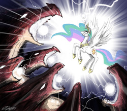 Size: 1200x1050 | Tagged: safe, artist:johnjoseco, princess celestia, alicorn, dragon, hydra, pony, g4, badass, female, flying, glowing eyes, mare, multiple heads, photoshop