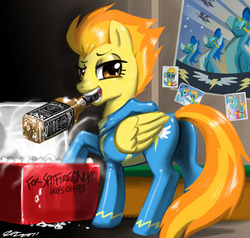 Size: 1200x1142 | Tagged: safe, artist:johnjoseco, spitfire, pegasus, pony, g4, alcohol, butt, cooler, drunk, female, ice, jack daniel's, mare, misspelling, mouth hold, photoshop, plot, poster, solo, tipsyfire, whiskey, wonderbolts, wonderbolts poster