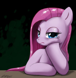 Size: 900x913 | Tagged: safe, artist:johnjoseco, pinkie pie, earth pony, pony, g4, 2011, abstract background, bored, female, hoof on cheek, looking at you, mare, photoshop, pinkamena diane pie, sigh, signature, solo