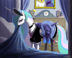 Size: 1500x1212 | Tagged: safe, artist:johnjoseco, derpy hooves, princess celestia, princess luna, alicorn, pony, g4, bed, carrying, clock, clothes, female, fishnet stockings, french maid, maid, maidlestia, mare, mouth hold, painting, photoshop, plushie, royal sisters, s1 luna, siblings, sisters, toy