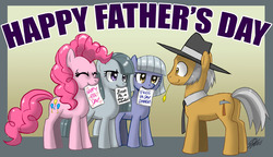 Size: 1200x693 | Tagged: safe, artist:johnjoseco, igneous rock pie, limestone pie, marble pie, pinkie pie, earth pony, pony, g4, butt, father, father and daughter, father's day, female, male, mare, mouth hold, photoshop, pie sisters, pie twins, plot, siblings, sisters, stallion, twins
