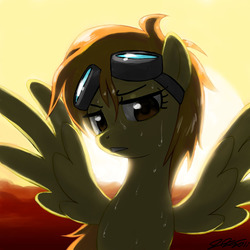 Size: 900x900 | Tagged: safe, artist:johnjoseco, spitfire, pegasus, pony, g4, alternate hairstyle, backlighting, female, goggles, looking at you, mare, photoshop, solo, sweat