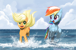 Size: 1800x1194 | Tagged: safe, artist:johnjoseco, applejack, rainbow dash, earth pony, pegasus, pony, g4, female, folded wings, happy, looking at each other, looking at someone, mare, ocean, open mouth, open smile, photoshop, signature, smiling, water, wings