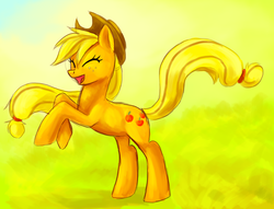 Size: 1582x1206 | Tagged: safe, artist:stalcry, applejack, earth pony, pony, g4, eyes closed, female, freckles, green background, happy, mare, open mouth, open smile, photoshop, rearing, simple background, smiling, solo