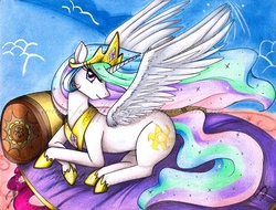 Size: 1200x913 | Tagged: safe, artist:shana, princess celestia, alicorn, pony, g4, female, lounging, mare, photoshop, prone, solo, traditional art, watermark