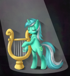 Size: 921x1000 | Tagged: safe, artist:mewball, lyra heartstrings, pony, unicorn, g4, bipedal, eyes closed, female, lyre, mare, music, musical instrument, solo, underhoof