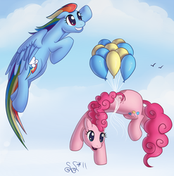 Size: 854x863 | Tagged: safe, artist:alipes, pinkie pie, rainbow dash, earth pony, pegasus, pony, g4, balloon, female, flying, mare, then watch her balloons lift her up to the sky