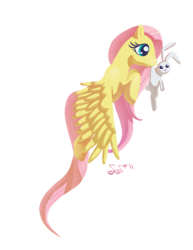 Size: 747x968 | Tagged: safe, artist:alipes, angel bunny, fluttershy, pegasus, pony, g4, female, flying, mare, mouth hold, scruff, simple background, transparent background