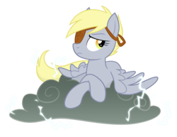 Size: 2200x1700 | Tagged: safe, artist:equestria-prevails, derpy hooves, pegasus, pony, g4, cloud, eyepatch, female, general derpy, hooves, lightning, lying on a cloud, mare, on a cloud, prone, royal guard, simple background, solo, transparent background, wings