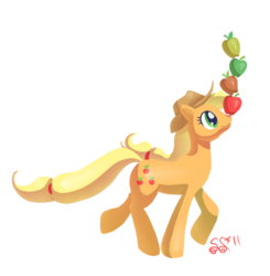 Size: 823x841 | Tagged: safe, artist:alipes, applejack, earth pony, pony, g4, apple, balancing, female, mare, ponies balancing stuff on their nose, simple background, solo, transparent background
