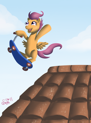 Size: 574x774 | Tagged: safe, artist:alipes, scootaloo, pegasus, pony, g4, 4everfreebrony, blank flank, female, filly, roof, scooter, solo