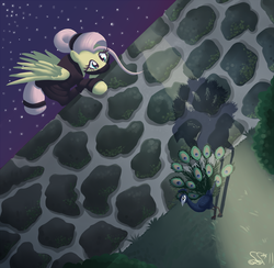 Size: 1094x1069 | Tagged: safe, artist:alipes, fluttershy, bird, peacock, pegasus, pony, g4, alternate hairstyle, badass, badass adorable, cute, female, flutterbadass, looking at something, looking down, mare, night, ninja, outdoors, solo, stray strand, wall, wings