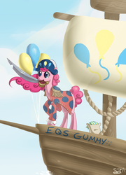 Size: 753x1045 | Tagged: safe, artist:alipes, madame leflour, pinkie pie, earth pony, pony, g4, balloon, bicorne, female, hat, hilarious in hindsight, mare, mouth hold, pirate, ship, sword, weapon