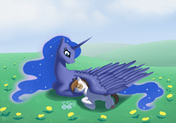 Size: 1179x826 | Tagged: safe, artist:alipes, pipsqueak, princess luna, alicorn, earth pony, pony, g4, colt, female, flower, male, mare, prone, ship:lunapip, shipping, sleeping, straight, wing blanket