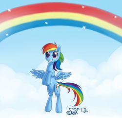 Size: 810x780 | Tagged: safe, artist:alipes, rainbow dash, pegasus, pony, g4, 2011, bipedal, cloud, colored pupils, cute, dashabetes, female, flying, happy, mare, palindrome get, rainbow, raised hoof, rearing, signature, sky, smiling, solo, sparkles, spread wings, standing on two hooves, wings