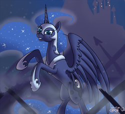 Size: 975x886 | Tagged: safe, artist:alipes, nightmare moon, alicorn, pony, g4, castle, female, mare, rearing, slender, solo, thin, war