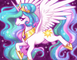 Size: 600x464 | Tagged: safe, artist:celesse, princess celestia, alicorn, pony, g4, crown, female, flying, horn, jewelry, mare, necklace, regalia, solo, wings