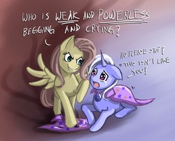 Size: 1050x850 | Tagged: dead source, safe, artist:ninjaham, fluttershy, trixie, pegasus, pony, unicorn, g4, abuse, acdsee, bullying, crying, discorded, duo, duo female, female, floppy ears, flutterbitch, glare, grin, mare, open mouth, prone, sad, shivering, smirk, stomping, trixiebuse