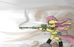 Size: 1906x1210 | Tagged: dead source, safe, artist:speccysy, fluttershy, pegasus, pony, g4, bag, barrett, bipedal, boots, clothes, female, floppy ears, flutterbadass, gun, hooves, mare, one eye closed, optical sight, rifle, rock, smoke, sniper rifle, snipershy, solo, spread wings, weapon, wings