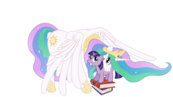 Size: 4859x2733 | Tagged: safe, artist:minimoose772, princess celestia, twilight sparkle, alicorn, pony, unicorn, g4, book, female, filly, foal, glowing horn, grin, horn, magic, mare, momlestia, neck hug, neck nuzzle, photoshop, simple background, smiling, spread wings, squee, transparent background, unicorn twilight, vector, wings down