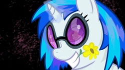 Size: 4859x2733 | Tagged: safe, artist:minimoose772, dj pon-3, vinyl scratch, pony, unicorn, g4, female, flower, flower in mouth, glowing horn, horn, mare, mouth hold, photoshop, solo, sunglasses, wallpaper