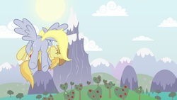Size: 4859x2733 | Tagged: safe, artist:minimoose772, braeburn, derpy hooves, earth pony, pegasus, pony, g4, butt, carrying, derpyburn, female, flying, male, mare, mountain, mountain range, photoshop, plot, rear view, shipping, stallion, straight, tree, wallpaper