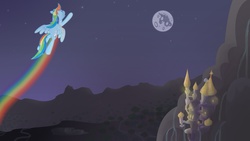 Size: 4859x2733 | Tagged: safe, artist:minimoose772, rainbow dash, pegasus, pony, g4, canterlot, female, flying, mare, mare in the moon, moon, night, photoshop, rainbow, solo, wallpaper