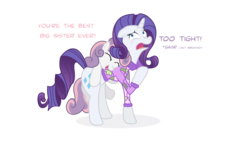 Size: 4859x2733 | Tagged: safe, artist:minimoose772, rarity, sweetie belle, pony, unicorn, g4, belle sisters, can't breathe, clothes, dialogue, duo, duo female, female, filly, mare, photoshop, simple background, transparent background