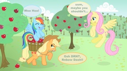 Size: 4859x2733 | Tagged: safe, artist:minimoose772, applejack, fluttershy, rainbow dash, earth pony, pegasus, pony, g4, annoyed, apple, apple orchard, apple tree, applejack is not amused, applejack's hat, bit, cloud, cowboy hat, cutie mark, day, dialogue, eyes closed, female, flying, food, fruit, full body, hat, looking back, mare, open mouth, open smile, orchard, outdoors, photoshop, ponies riding ponies, rainbow dash riding applejack, reins, riding, riding a pony, sky, smiling, tack, text, tree, trio, trio female, unamused, wallpaper, wings