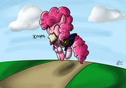 Size: 3450x2400 | Tagged: safe, artist:leadhooves, pinkie pie, earth pony, pony, g4, clothes, eyes closed, female, filly, filly pinkie pie, foal, happy, herbivore, high res, nom, pronking, saddle bag, sailor uniform, sandwich, schoolgirl, skirt, solo, younger