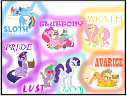 Size: 5496x4144 | Tagged: safe, artist:grimwolf01, applejack, fluttershy, pinkie pie, rainbow dash, rarity, spike, twilight sparkle, dragon, earth pony, pegasus, pony, unicorn, g4, absurd resolution, angry, arrogant, avarice, bits, blue text, book, cake, female, flutterbitch, food, glare, greedy, green text, group, heart eyes, hilarious in hindsight, hoarding, implied shipping, implied sparity, implied straight, infatuation, jealous, lazy, male, mane seven, mane sin, mane six, mare, orange text, photoshop, pink text, pinkie being pinkie, purple text, reading, saligia, septet, seven deadly sins, sin of envy, sin of gluttony, sin of greed, sin of lust, sin of pride, sin of sloth, sin of wrath, sleeping, spread wings, unicorn twilight, wingding eyes, yellow text