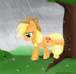 Size: 655x640 | Tagged: safe, artist:ratofdrawn, applejack, earth pony, pony, g4, bucking, crying, female, mare, photoshop, rain, sad, solo, tree