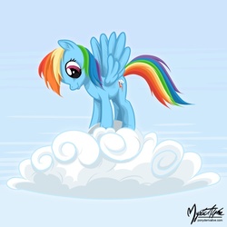 Size: 825x825 | Tagged: safe, artist:mysticalpha, rainbow dash, pegasus, pony, friendship is magic, g4, cloud, cute, ear fluff, female, hooves, looking down, mare, on a cloud, smiling, solo, spread wings, standing, standing on a cloud, wings