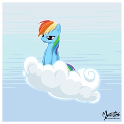 Size: 858x858 | Tagged: dead source, safe, artist:mysticalpha, rainbow dash, pegasus, pony, friendship is magic, g4, cloud, ear fluff, female, hooves, mare, on a cloud, open mouth, sitting, sitting on a cloud, solo, unamused, wings