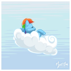 Size: 858x858 | Tagged: dead source, safe, artist:mysticalpha, rainbow dash, pegasus, pony, friendship is magic, g4, cloud, eyes closed, female, hooves, lying on a cloud, mare, on a cloud, on back, sleeping, sleepydash, solo, wings