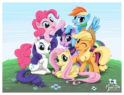 Size: 1100x844 | Tagged: dead source, safe, artist:mysticalpha, applejack, fluttershy, pinkie pie, rainbow dash, rarity, twilight sparkle, earth pony, pegasus, pony, unicorn, g4, cute, female, mane six, mane six opening poses, mare, smiling, unicorn twilight, wink