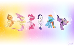 Size: 2520x1575 | Tagged: safe, artist:mysticalpha, applejack, fluttershy, pinkie pie, rainbow dash, rarity, twilight sparkle, earth pony, pegasus, pony, unicorn, g4, abstract background, elements of harmony, female, mane six, mare, unicorn twilight, wallpaper