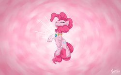 Size: 2520x1575 | Tagged: safe, artist:mysticalpha, pinkie pie, earth pony, pony, g4, abstract background, element of laughter, elements of harmony, eyes closed, female, happy, mare, open mouth, open smile, smiling, solo, wallpaper