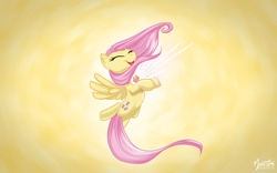 Size: 2520x1575 | Tagged: safe, artist:mysticalpha, fluttershy, pegasus, pony, g4, abstract background, element of kindness, elements of harmony, eyes closed, female, happy, mare, solo, wallpaper