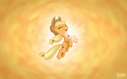 Size: 2520x1575 | Tagged: safe, artist:mysticalpha, applejack, earth pony, pony, g4, abstract background, element of honesty, elements of harmony, eyes closed, female, happy, mare, open mouth, open smile, smiling, solo, wallpaper