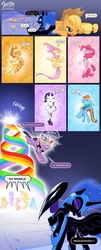 Size: 1170x2904 | Tagged: safe, artist:mysticalpha, applejack, fluttershy, nightmare moon, pinkie pie, rainbow dash, rarity, twilight sparkle, alicorn, earth pony, pegasus, pony, unicorn, g4, big crown thingy, captain planet and the planeteers, comic, crossover, elements of harmony, female, fight, jewelry, mane six, mare, parody, regalia