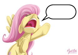 Size: 1120x800 | Tagged: safe, artist:mysticalpha, fluttershy, pegasus, pony, g4, exploitable, eyes closed, female, mare, nose in the air, simple background, solo, underhoof, white background, yelling