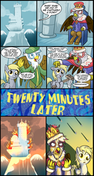 Size: 957x1792 | Tagged: safe, artist:madmax, derpy hooves, oc, oc:chrono the griffon, griffon, pegasus, pony, g4, beyond the impossible, castle, comic, crown, derpy being derpy, female, fire, how is that even possible?, i just don't know what went wrong, ice castle, impossible, jewelry, king, mare, photoshop, regalia, spongebob squarepants, spongebob time card, throne