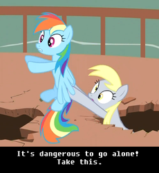 Size: 875x952 | Tagged: safe, edit, edited screencap, screencap, derpy hooves, rainbow dash, pegasus, pony, g4, season 2, the last roundup, butt touch, female, holding a pony, hoof on butt, image macro, it's dangerous to go alone, mare, nintendo, take this, the legend of zelda